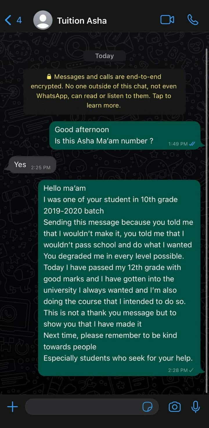 Teacher student conversation in WhatsApp 